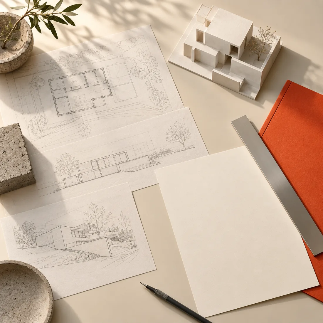 Architectural drawings, a paper model and orange folder