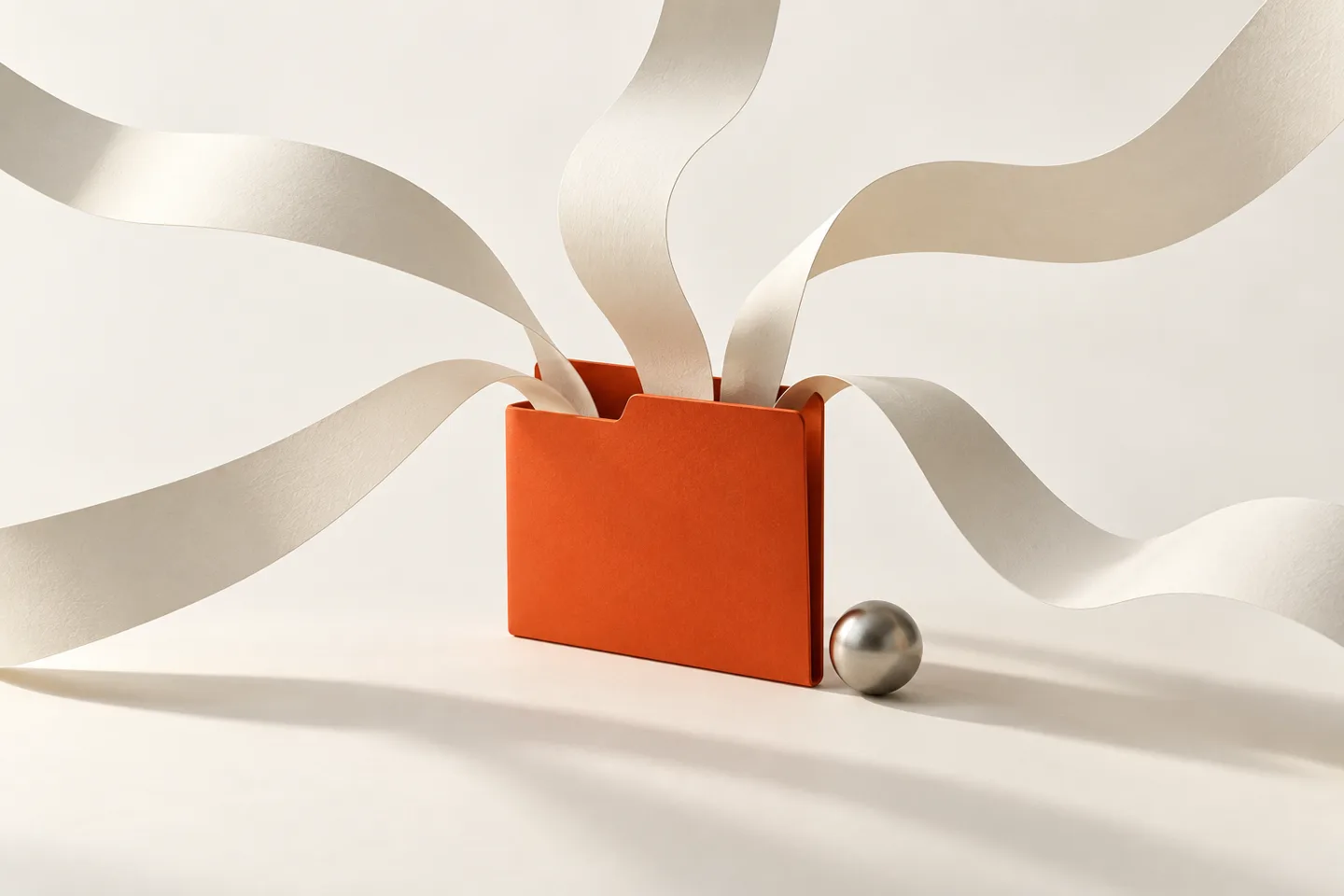 Five ivory paper ribbons joining one orange folder