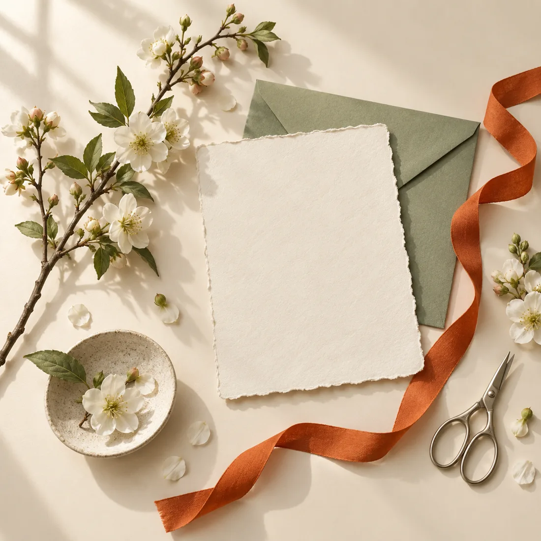 Delicate blossoms, sage stationery and an orange ribbon