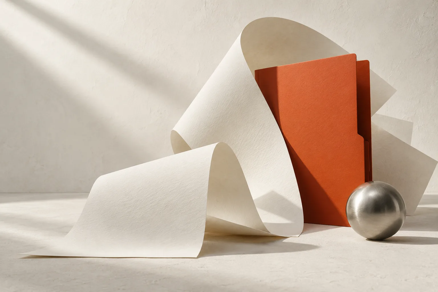 Sculptural ivory paper folds around an orange folder and brushed metal sphere