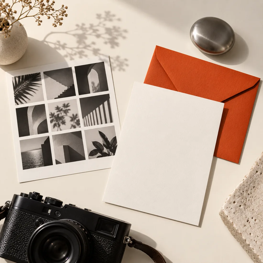 Camera, contact sheets and orange studio stationery