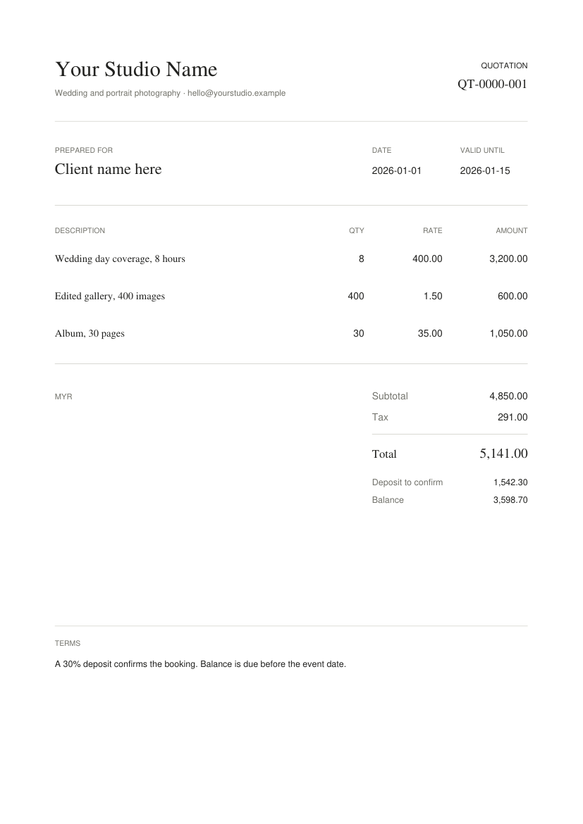 A one-page photographer quotation with a studio name, client details, three priced line items, totals, deposit and terms.